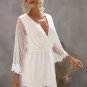 White Wrap V Neck Elastic Waist Polka Dot Mesh Lace Splicing Dress