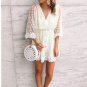 White Wrap V Neck Elastic Waist Polka Dot Mesh Lace Splicing Dress