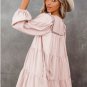 Crewneck Lantern Sleeve Hollow-Out Tiered Dress with Pocket