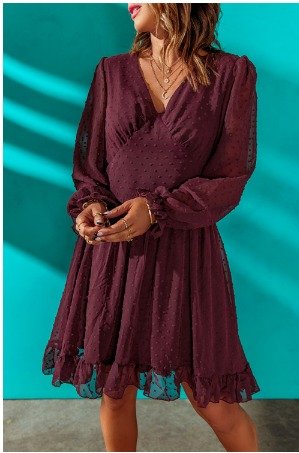 V Neck Lantern Sleeve Swiss Dot Mini Dress