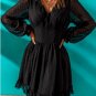 V Neck Lantern Sleeve Swiss Dot Mini Dress