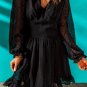 V Neck Lantern Sleeve Swiss Dot Mini Dress