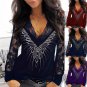 Women's Lace Printed V-neck Patchwork Long-sleeved T-shirt