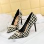 Shallow Mouth Pointed Pearl Chain Plaid Women's Single Shoes