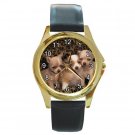 Chihuahua Puppies Round Gold Metal Watch