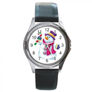 Snowman with Candy Cane Round Metal Watch FREE SHIPPING