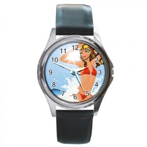 Lady on the Beach Round Metal Watch FREE SHIPPING