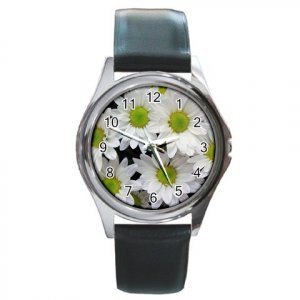 White Mums Flowers Round Metal Watch FREE SHIPPING