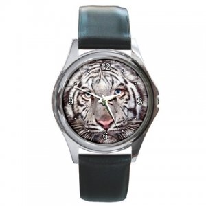 Captivating White Tiger Eyes Round Metal Watch FREE SHIPPING
