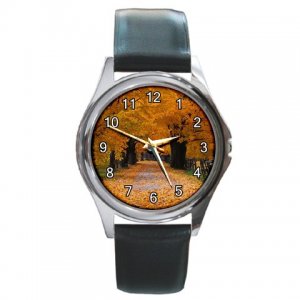 Fall Leaves Road View Round Metal Watch FREE SHIPPING