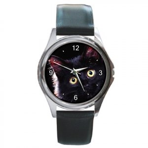 Black Kitty Cat Round Metal Watch FREE SHIPPING