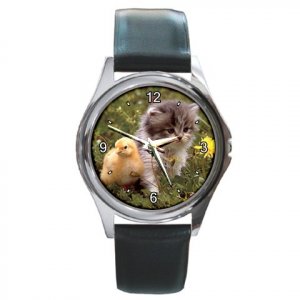 Kitten with a Chick Round Metal Watch FREE SHIPPING