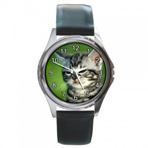 Cute Grey Tiger Kitty Cat Round Metal Watch FREE SHIPPING