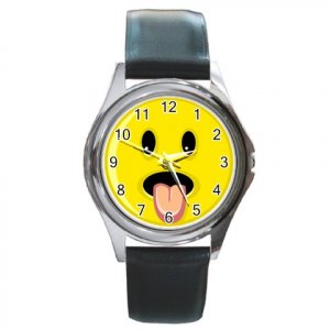 Tongue Out Smiley Face Round Metal Watch FREE SHIPPING