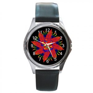 Red Flower Design on Black Round Metal Watch FREE SHIPPING
