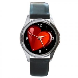 Red Glass Heart on Black Round Metal Watch FREE SHIPPING