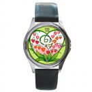 Heart Flowers on Green Round Metal Watch FREE SHIPPING