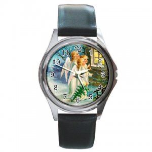Christmas Angels at the Window Round Metal Watch FREE SHIPPING