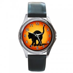 Halloween Scary Black Cat Moon Round Metal Watch FREE SHIPPING