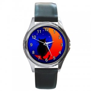 Halloween Scary Black Cat Sitting on the Moon Round Metal Watch FREE SHIPPING