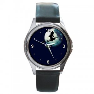 Halloween Witch Flying in Full Moon Round Metal Watch FREE SHIPPING