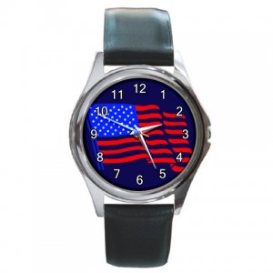American Pride Flag on Navy Blue Round Metal Watch FREE SHIPPING