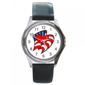 USA Flag and Red Heart Round Metal Watch FREE SHIPPING