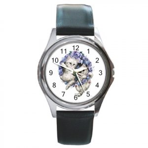 Cute White Kittens Cats in Blue Round Metal Watch FREE SHIPPING