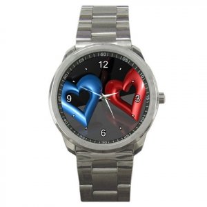 Blue & Red 3D Hearts Sports Metal Watch