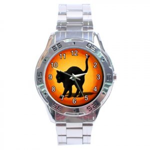 Halloween Scary Black Cat Moon Stainless Steel Analogue Men&acirc;��s Watch FREE Shipping