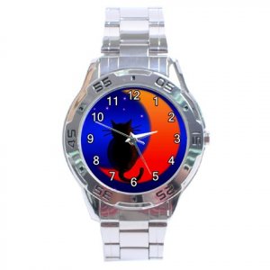 Halloween Scary Black Cat Sitting on the Moon Stainless Steel Analogue Men&acirc;��s Watch FREE Shipping