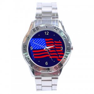 American Pride Flag on Navy Blue Stainless Steel Analogue Men&acirc;��s Watch FREE Shipping