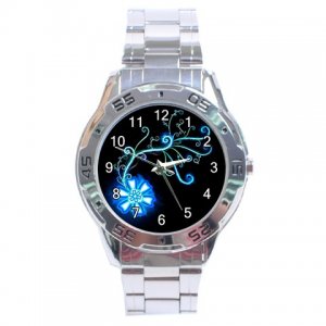 Blue Flower Fractal Art Design Stainless Steel Analogue Men&acirc;��s Watch FREE Shipping