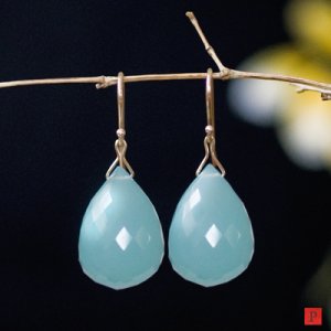 Solid 14k, Premium Jumbo Aqua Chalcedony Earrings
