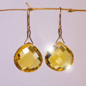 Solid 14k  .  Golden Citrine Heart Briolette Earrings.