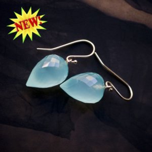 Solid 14k / 18k Peru Aqua Chalcedony " Pointy Drop " Designer Earrings