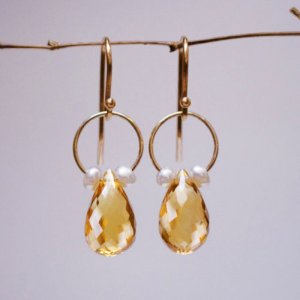 Solid 14k Golden Citrine and Seed Pearl  " Corona " Drop Earrings