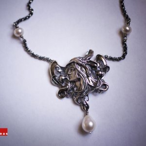 Solid Silver Art Nouveau Maiden Pendant Necklace With South Sea Pearl