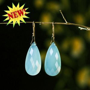 Solid 14k / 18k  " Medium Size"  Peru-Aqua Chalcedony Faceted Teardrop Earrings