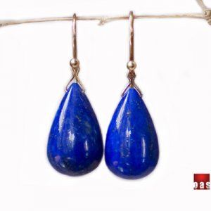 Solid 14k  Vivid Blue Egyptian Lapis Drop Earrings
