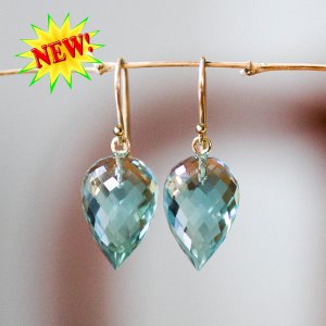 Solid 14k /  Faceted Sage Green Prasiolite Quartz Pointy Drop Earrings