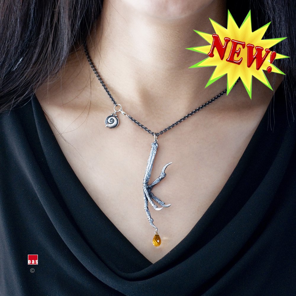 Sterling Silver Bird Talon Claw Necklace with Golden Citrine Briolettes