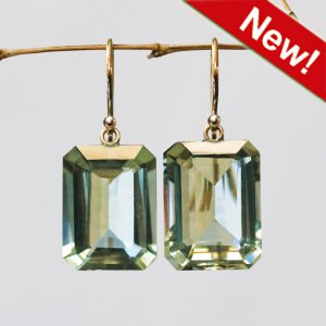 Solid 14k / 18k Large Sage Green Prasiolite Quartz Emerald-Cut Designer Earrings
