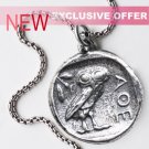Silver Greek Classical Owl Athena Coin Tetradrachm Pendant W/Chain - no.7