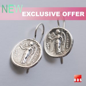 Solid Silver Byzantine Angel coin Drop Earrings, Athena on Reverse
