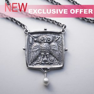 Silver Greek Classical Square Athena's Owl Tetradrachm Pendant W/Chain - no.8