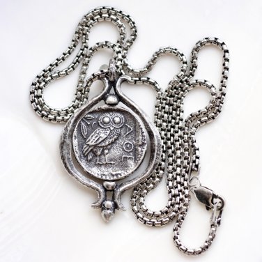 It spins! Small Sterling Silver Tetradrachm Owl Coin Pendant Necklace Jewelry