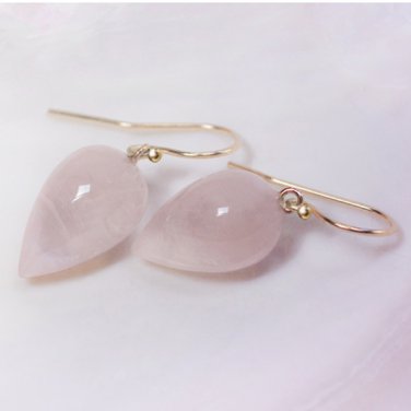 Solid 14k / "Chubby"  Pink Smooth Rose Quartz Pointy Drop Earrings