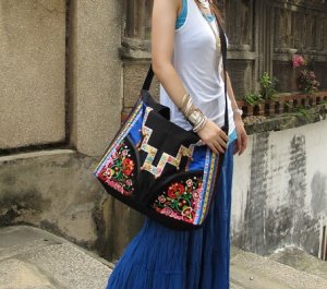 Handmade black embroidery handbag