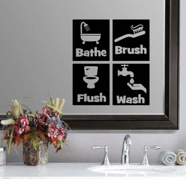 Bathe Brush Flush & Wash Bathroom Wall Quote Sticker Decal (4.5"h squares)